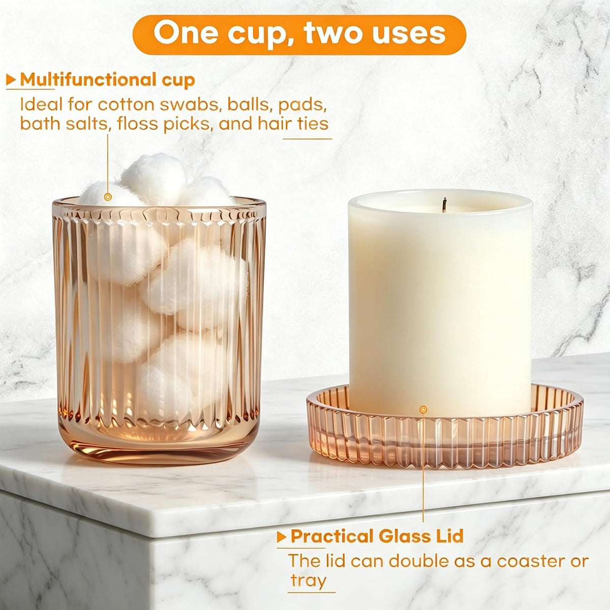 2 Pack Ribbed Glass Qtip Holder with Lid, Amber
