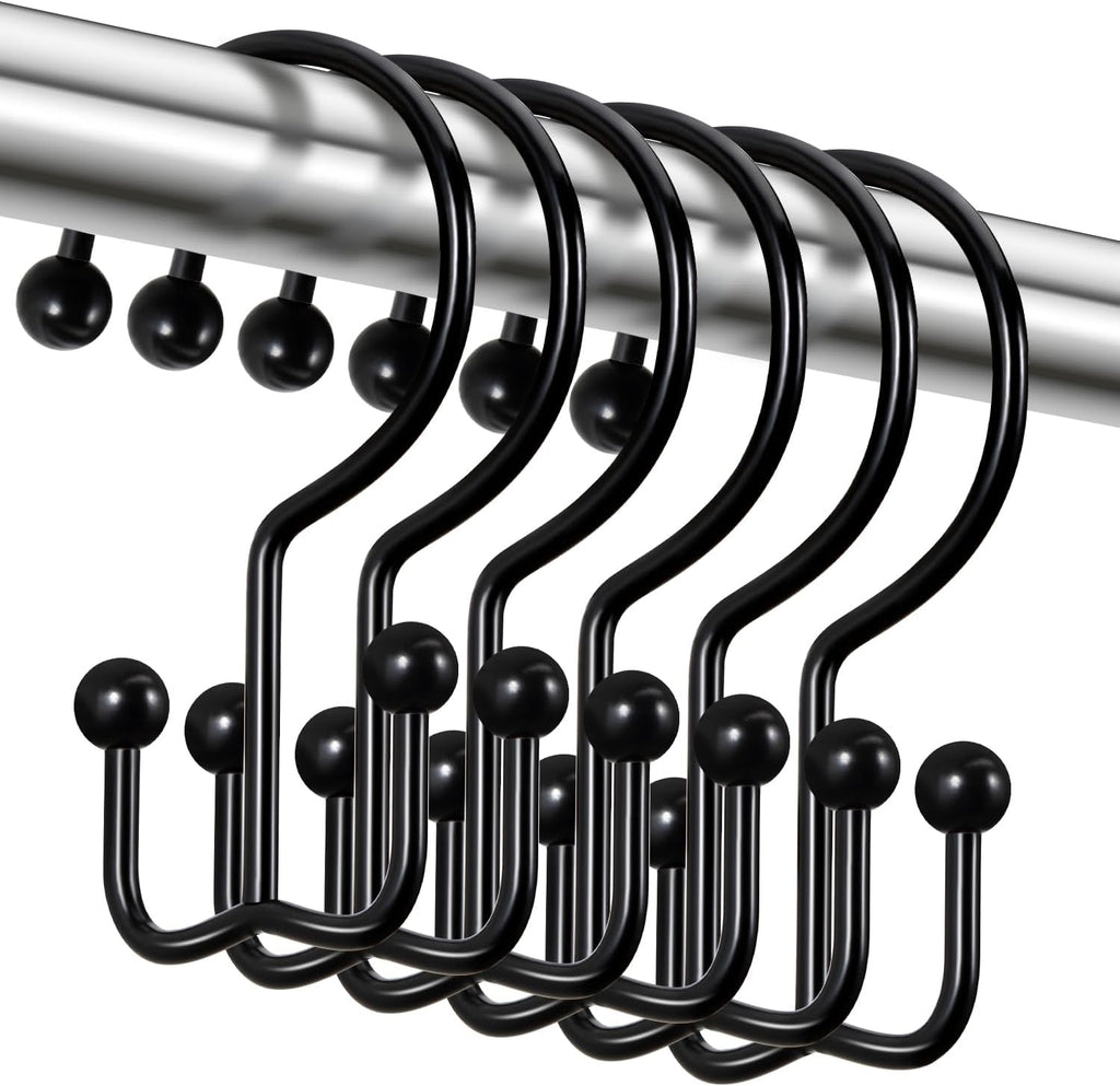 CHICTIE Black Shower Curtain Hooks, Double Shower Curtain Rings, Stainless Steel Shower Curtain Hooks Rings Rust Proof, Anti-Drop Shower Hooks Hangers for Shower Curtain Rods Bathroom (12 Pack)