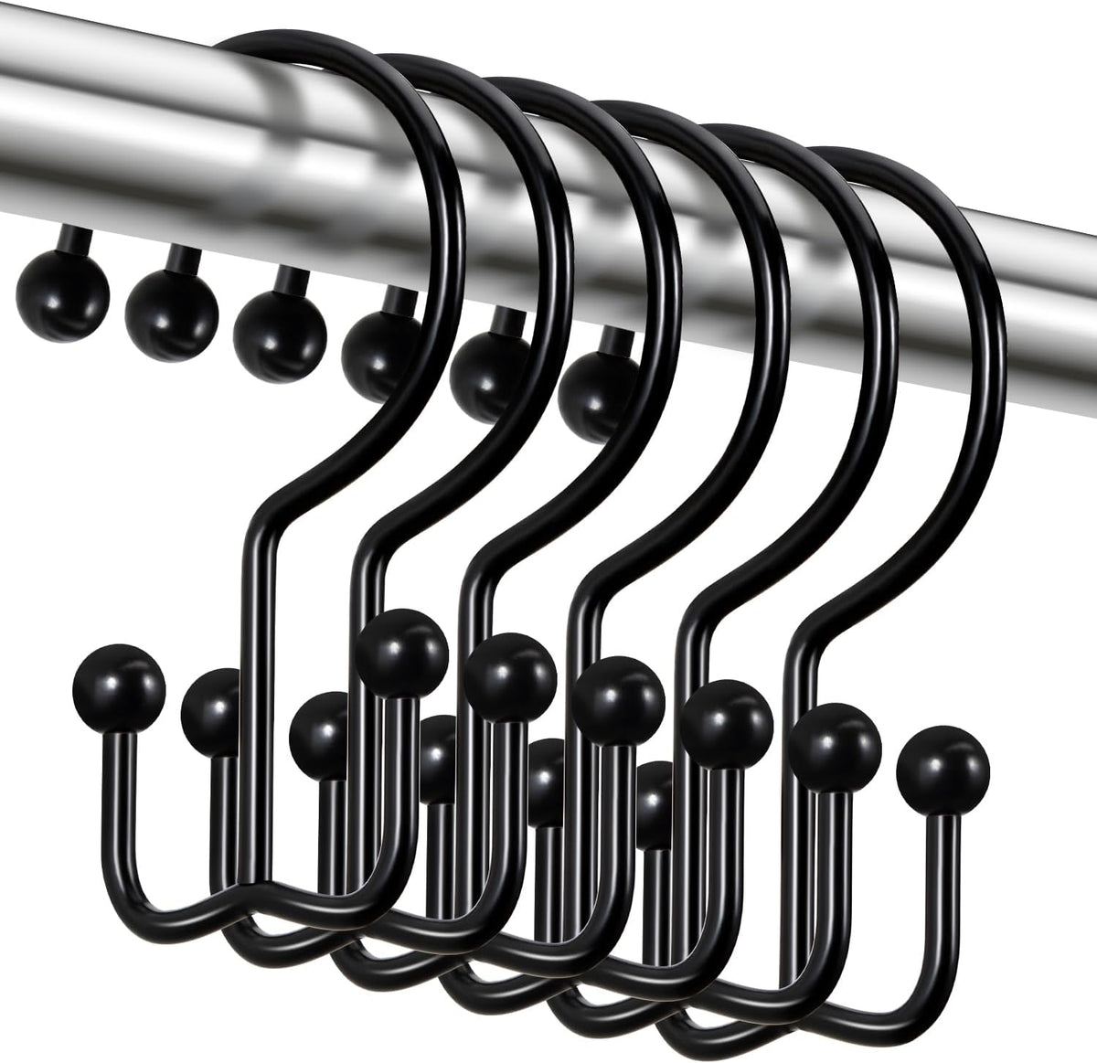 CHICTIE Black Shower Curtain Hooks, Double Shower Curtain Rings, Stainless Steel Shower Curtain Hooks Rings Rust Proof, Anti-Drop Shower Hooks Hangers for Shower Curtain Rods Bathroom (12 Pack)