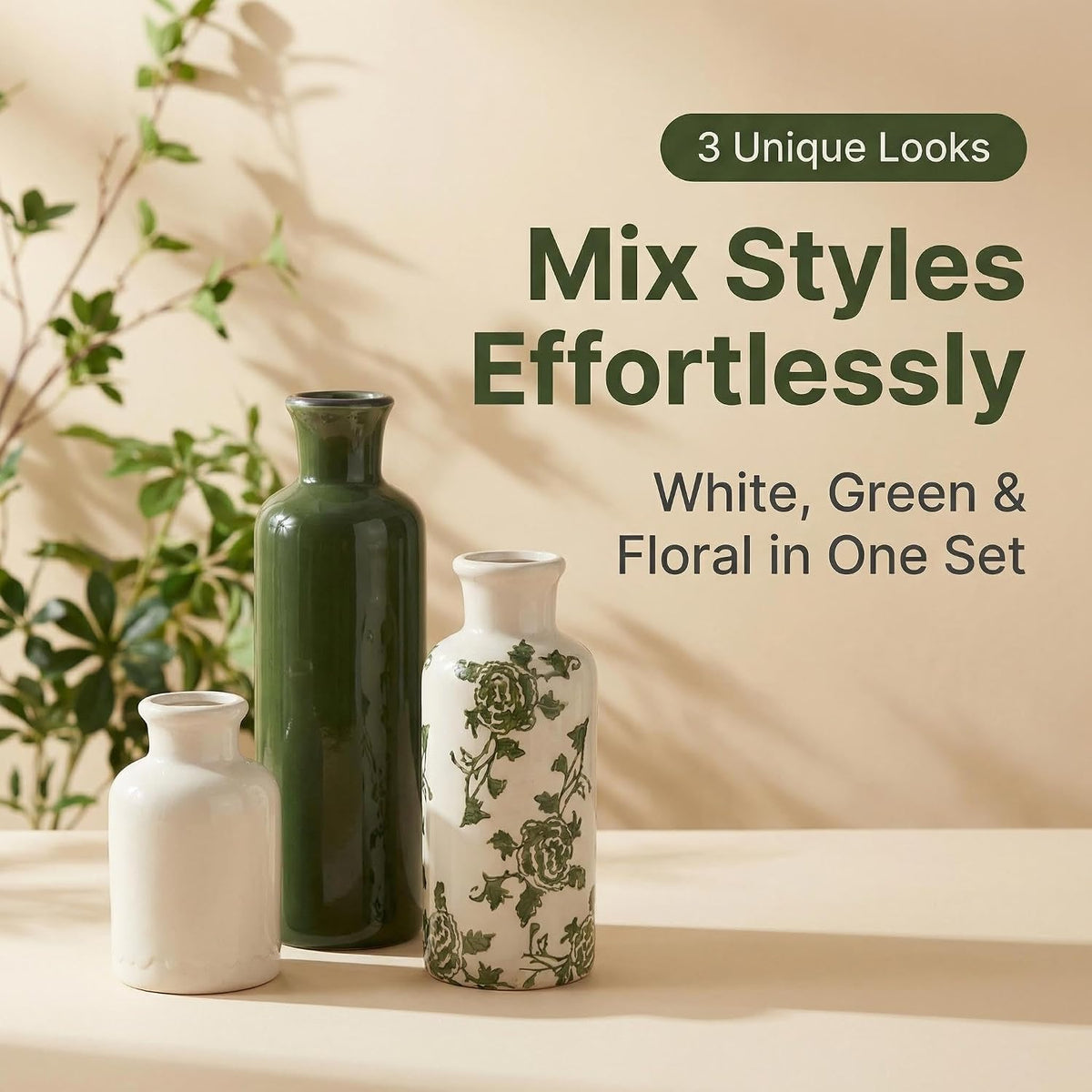 Ceramic Vintage Vase Set of 3, Green and White Crackle Glaze, Chinoiserie Floral Decor for Farmhouse Shelf, Table Centerpiece, Mantel, Living Room & Office