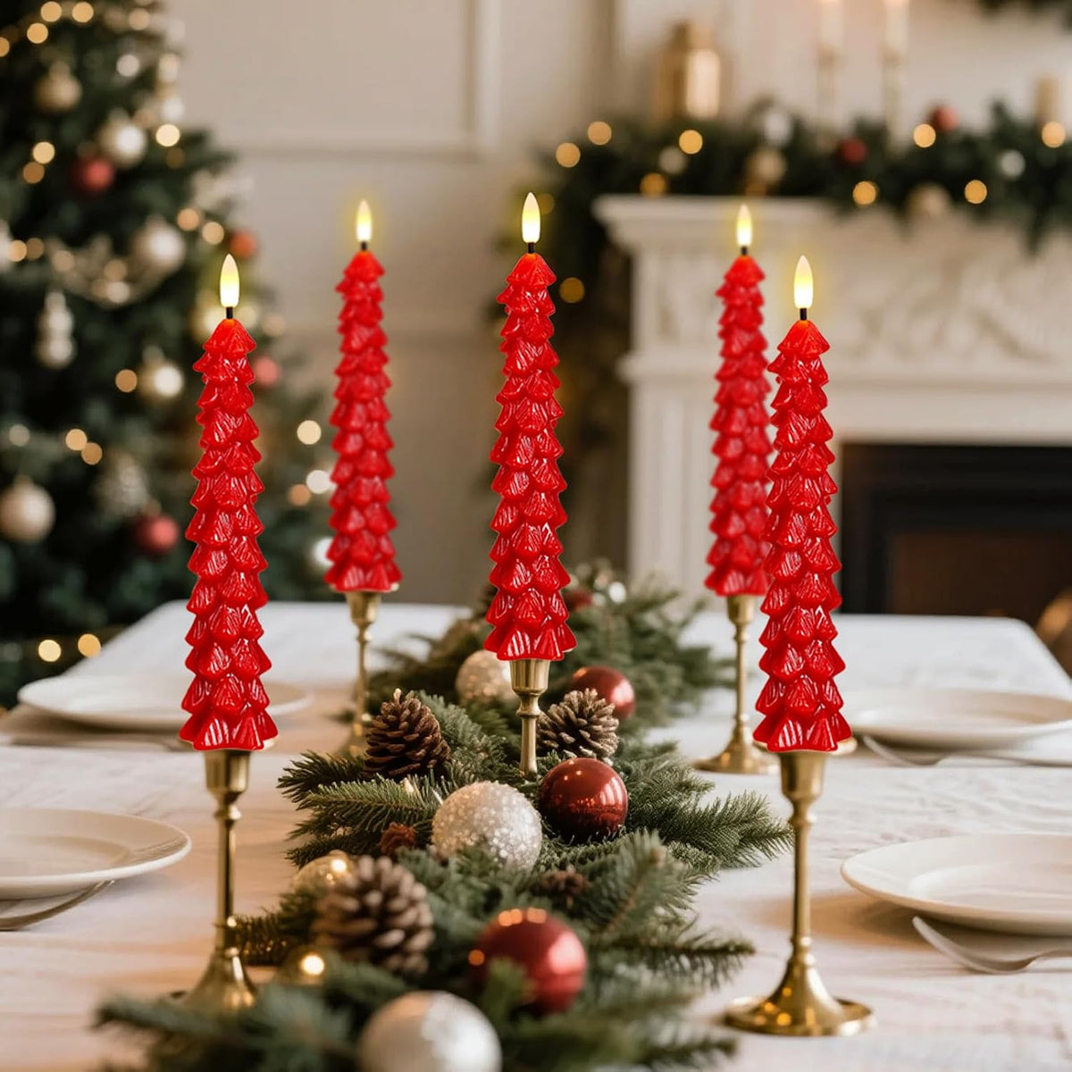 Red Christmas Tree Flameless Taper Candles Battery Operated Remote Timer