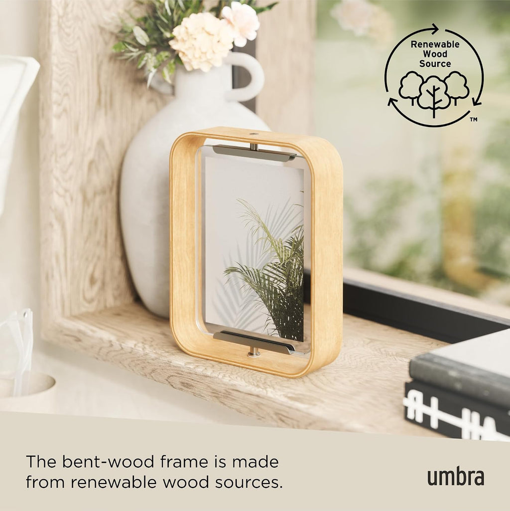 Umbra Bellwood 5x7" Desk Picture Frame with Bent Wood Trim and Two-Sided Rotating Display, Natural