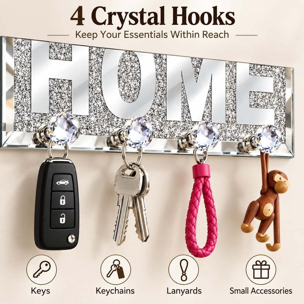 SHYFOY Mirrored Key Holder for Wall, Silver Home Sign with 4 Crystal Hooks