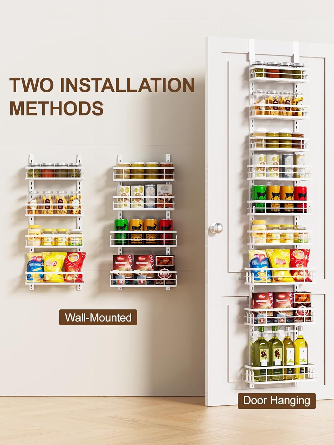 Delamu 9-Tier Over the Door Pantry Organizer, Adjustable Pantry Door Organizers and Storage, Metal Hanging Basket Wall Spice Rack Seasoning Organizer, Door Organizer Kitchen Bedroom Bathroom,12"White