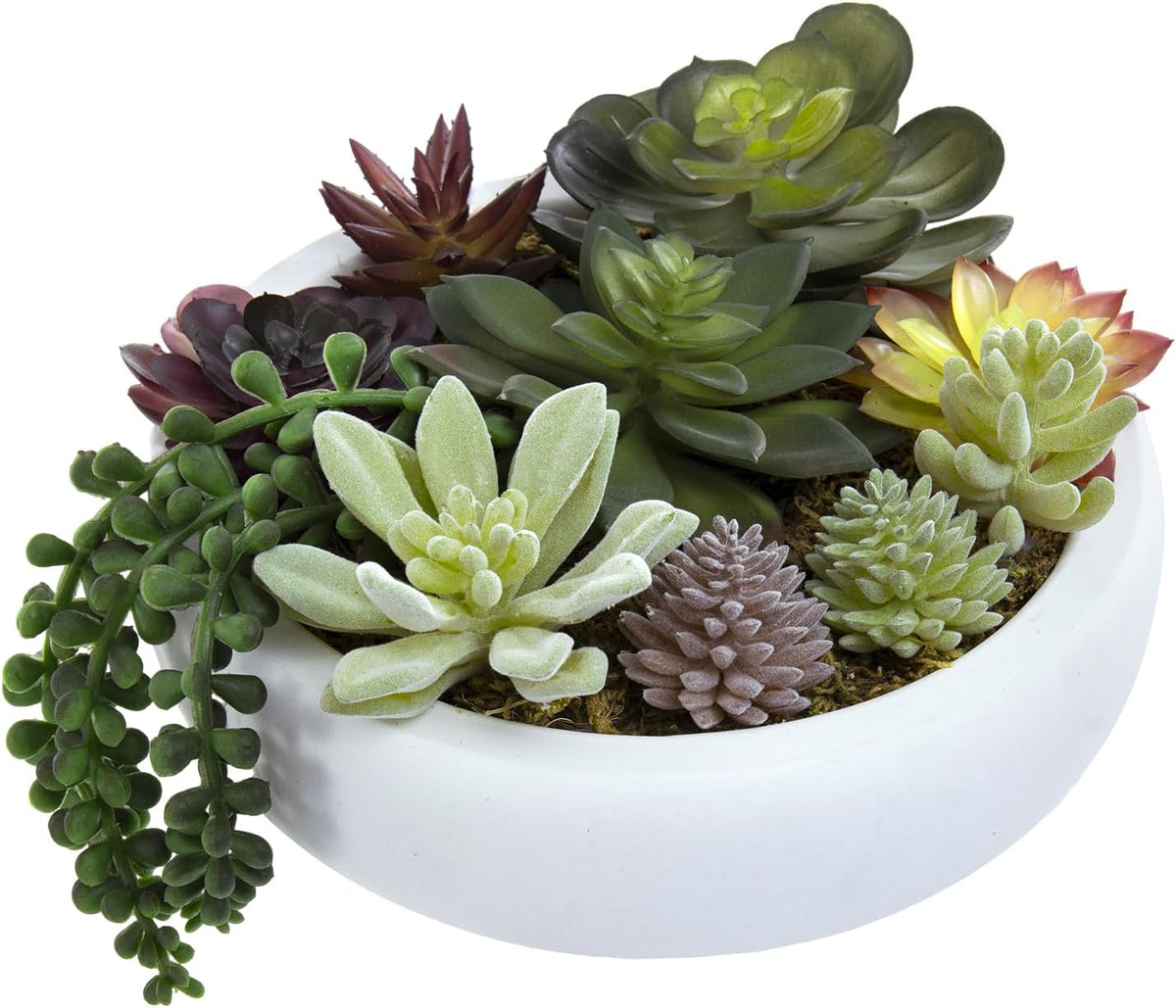 MyGift 8 Inch Round Modern Artificial Succulent Arrangement Potted in White Concrete Plant Bowl, Assorted Faux Mini Succulents in a Decorative Planter Pot
