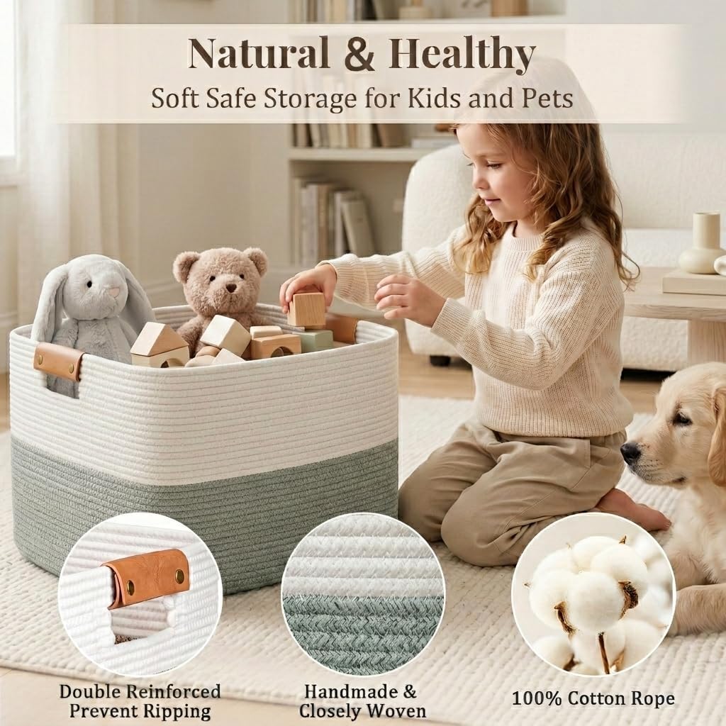 Danpinera 100L Extra Large Blanket Basket for Living Room, White&Sage Green