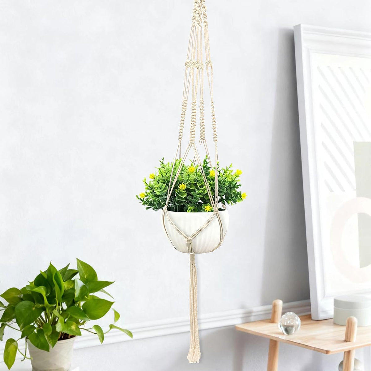Macrame Plant Hanger, Hanging Planter Basket with Decorative Tassels, Decorative Flower Pot Holder for Indoor Outdoor Boho Home Decor, Set of 2 (Metal Hanging Ring)