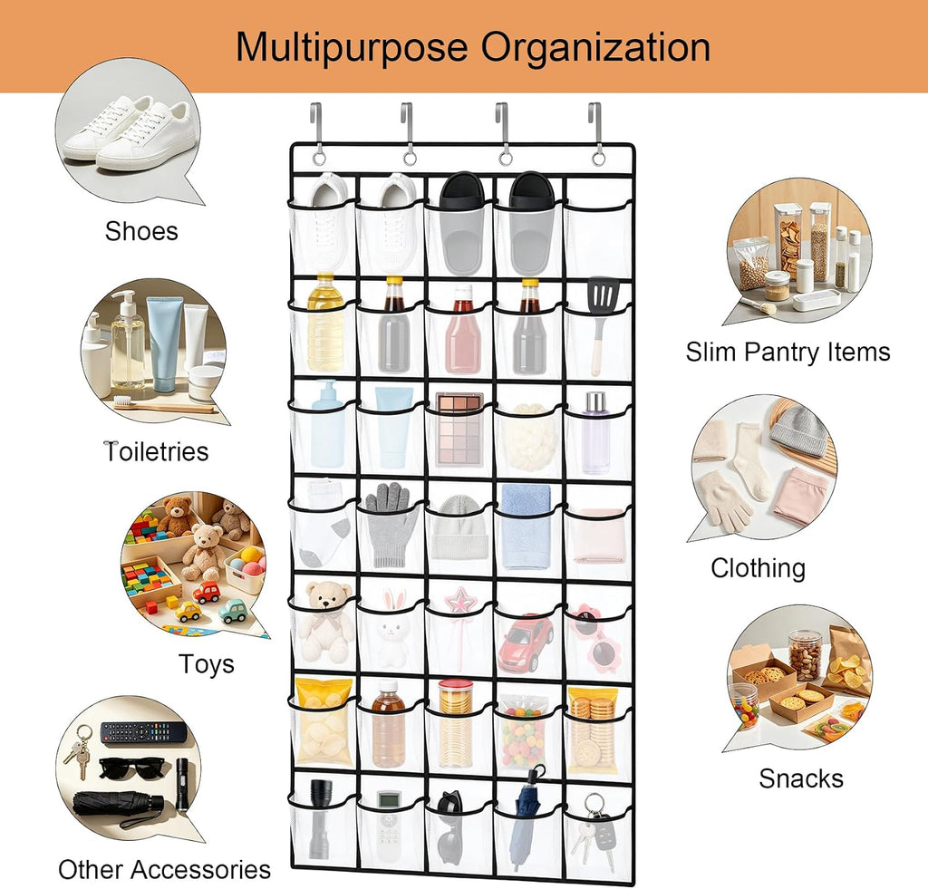 35 Pockets Over The Door Shoe Organizer, Large Breathable Mesh Hanging Shoe Rack with 4 Metal Hooks, Space Saving White Over Door Shoe Storage Holder Mesh Bag for Closet Entryway Bedroom Pantry