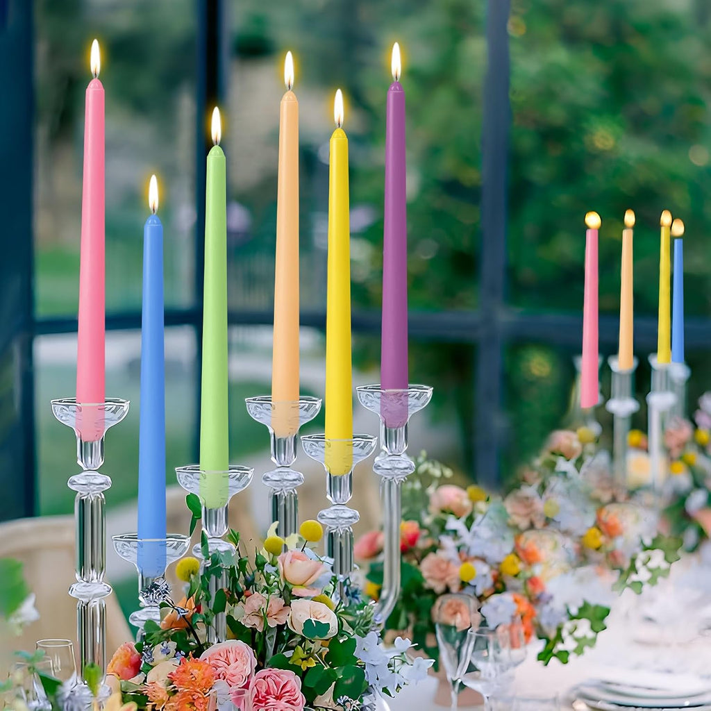 10 Inch Multi-Color Taper Candles for Religious and Spiritual Settings, 12 Pack Unscented Candlesticks in 6 Colors for Holiday, Seasonal Celebration and Home Decoration