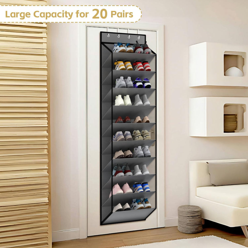 KEEPJOY 10 Tiers Mesh Over Door Shoe Organizer Storage, Hanging Shoe Holder for Door with Large Deep Pockets, Holds 20-30 Pairs of Shoes, Ideal for Sneakers & Boots(Grey)