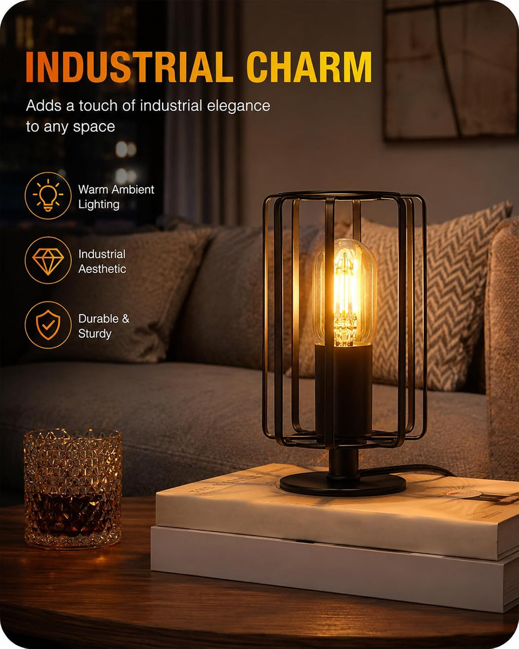 Industrial Table Lamp, Fully Dimmable Small Bedside Lamp, Plug in