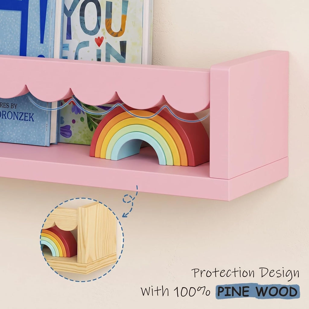 Pink Scalloped Nursery Floating Shelves, Kids Book Shelf Wall Mounted