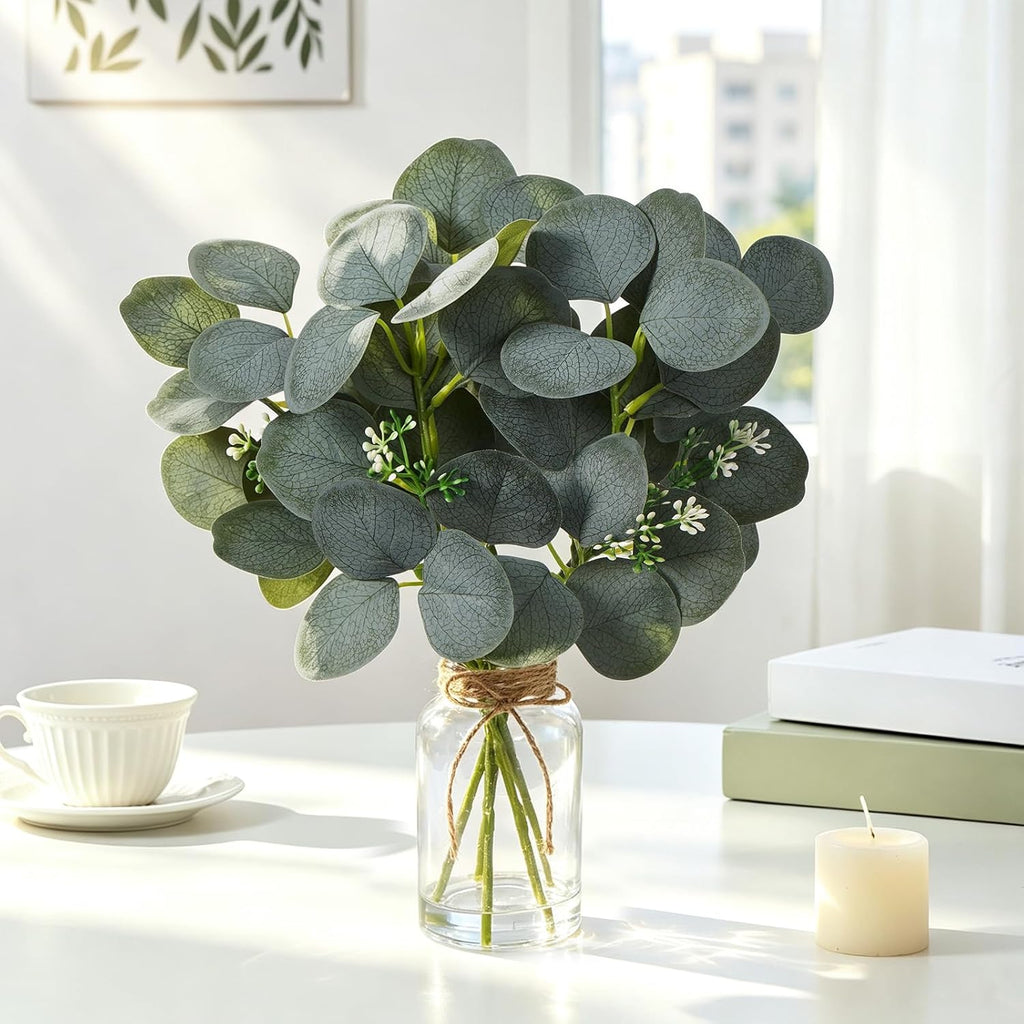 Artificial Eucalyptus Stems In Glass Vase, Fake Plants with Faux Water