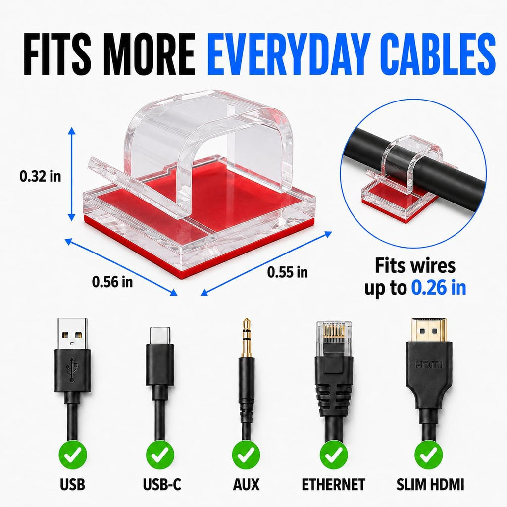 50 Pack Clear Adhesive Cable Clips - Invisible Wire Organizer & Cord Holder for Glass Desk, Wall & Home
