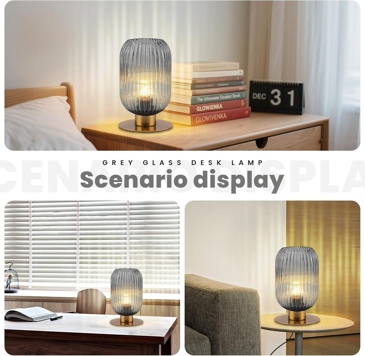 Small Lamp for Nightstand, Smoke Glass Table Lamp Grey Bedside Table Lamp with Gold Metal Base, Vintage Bedside Lamp Mid Century Modern Plug in Table Lamps for Bedroom Living Room Office Study