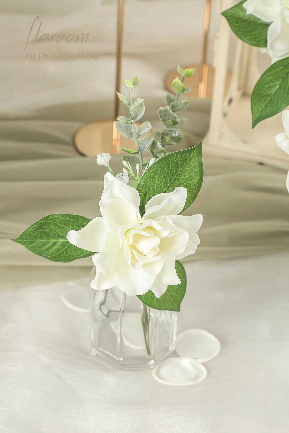 Floroom Artificial Gardenia Flowers 2.7" 25pcs Real Looking Ivory Foam Fake Flowers with Stems for DIY Wedding Bouquets Bridal Shower Centerpieces Floral Arrangements Party Tables Home Decorations