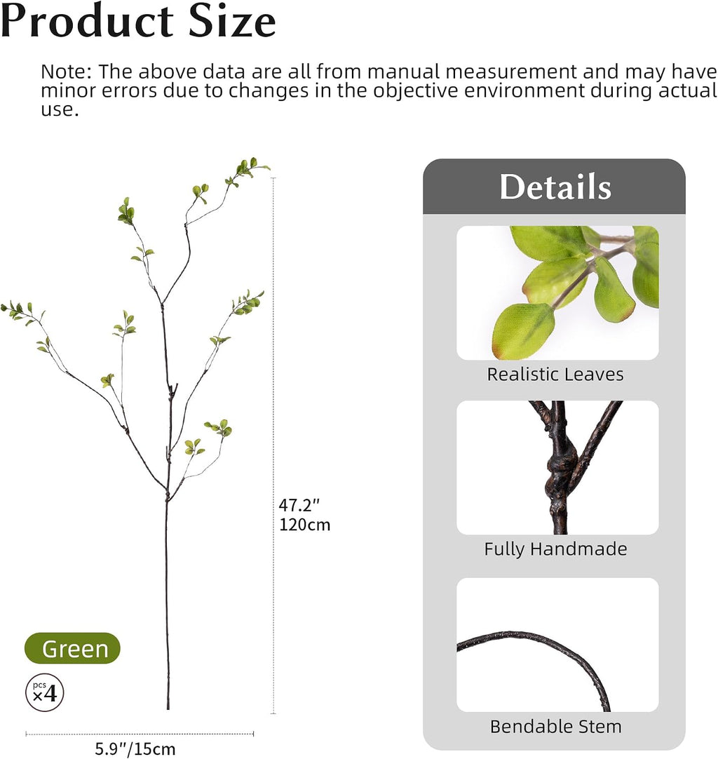 4PCS Artificial Green Branches 47.2", Extra Long Faux Decorative Branches for Tall Vase, Realistic Green Stems with Sparse Leaves, Bendable Branches for Home Decor