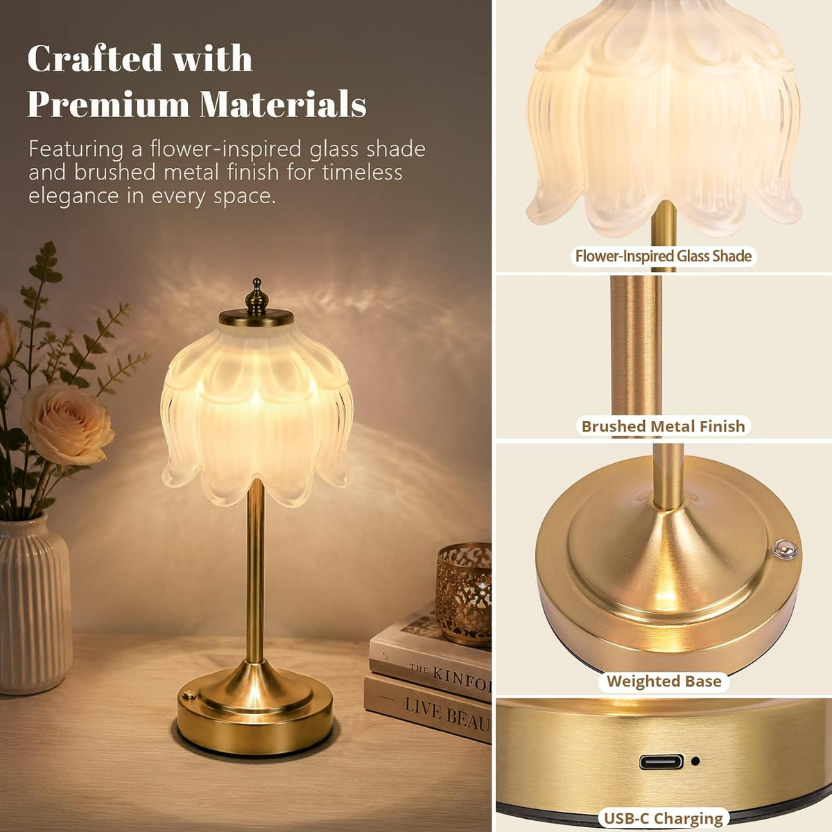 White Glass Flower Lamp, Rechargeable Cordless Table Lamp