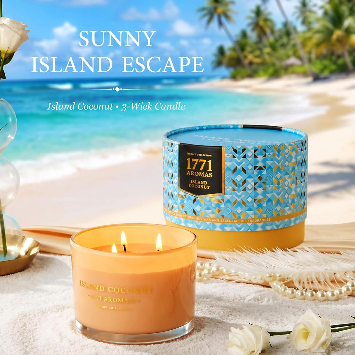 Island Coconut Scented Candle - 100% Natural Soy Wax - Large 3 Wick Jar - Up to 40 Hours Burning Time - Aromatherapy Coconut Candles for Home - Gift-Ready Box for Women and Men