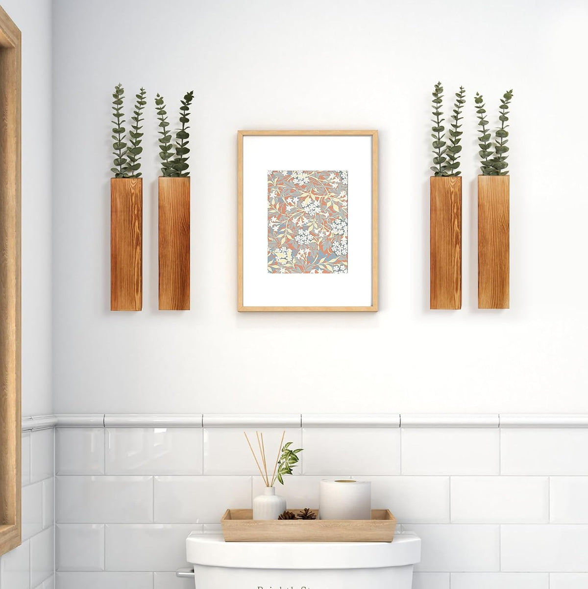 4 Pack Wooden Wall Planters with Faux Eucalyptus Stems for Wall Decor
