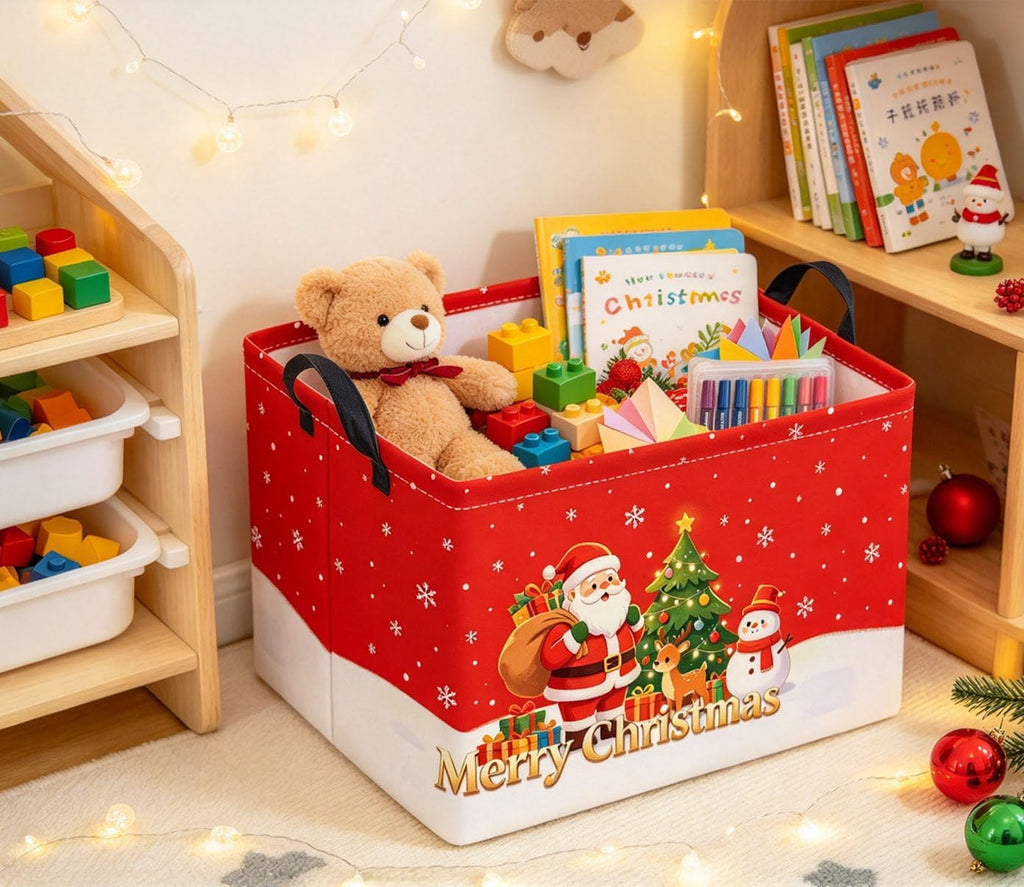 Rectangular Storage Basket for Boys Kids Basket Storage Bin Organizer Box(Red Snow Christmas)