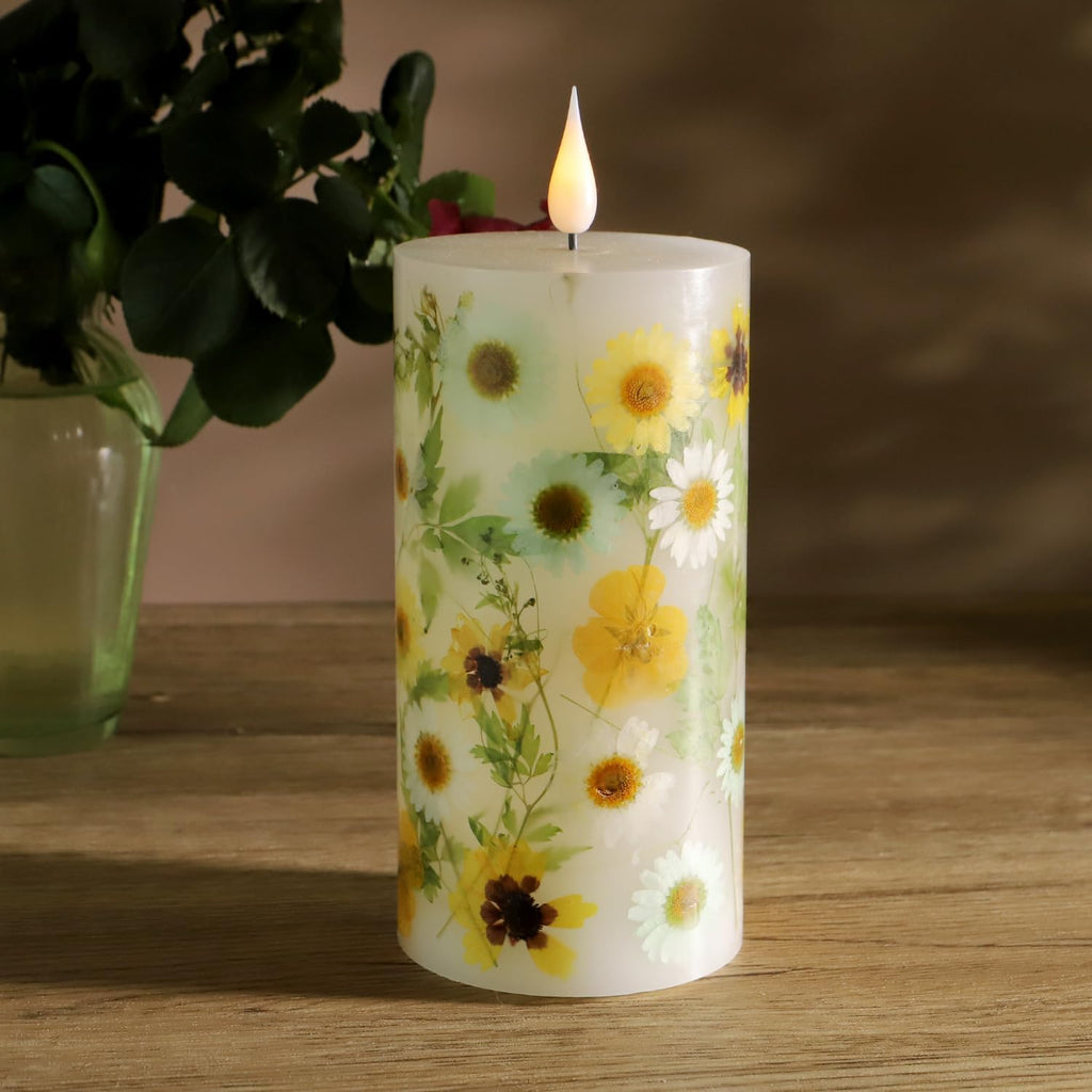 Spring Flameless Candles 3"x6" Real Wax LED Pillar Candles Real Daisy Floral Battery Operated with Remote Timer Flickering Candles Decor for Easter Mothers Day Home Table Mantel Indoor Decor