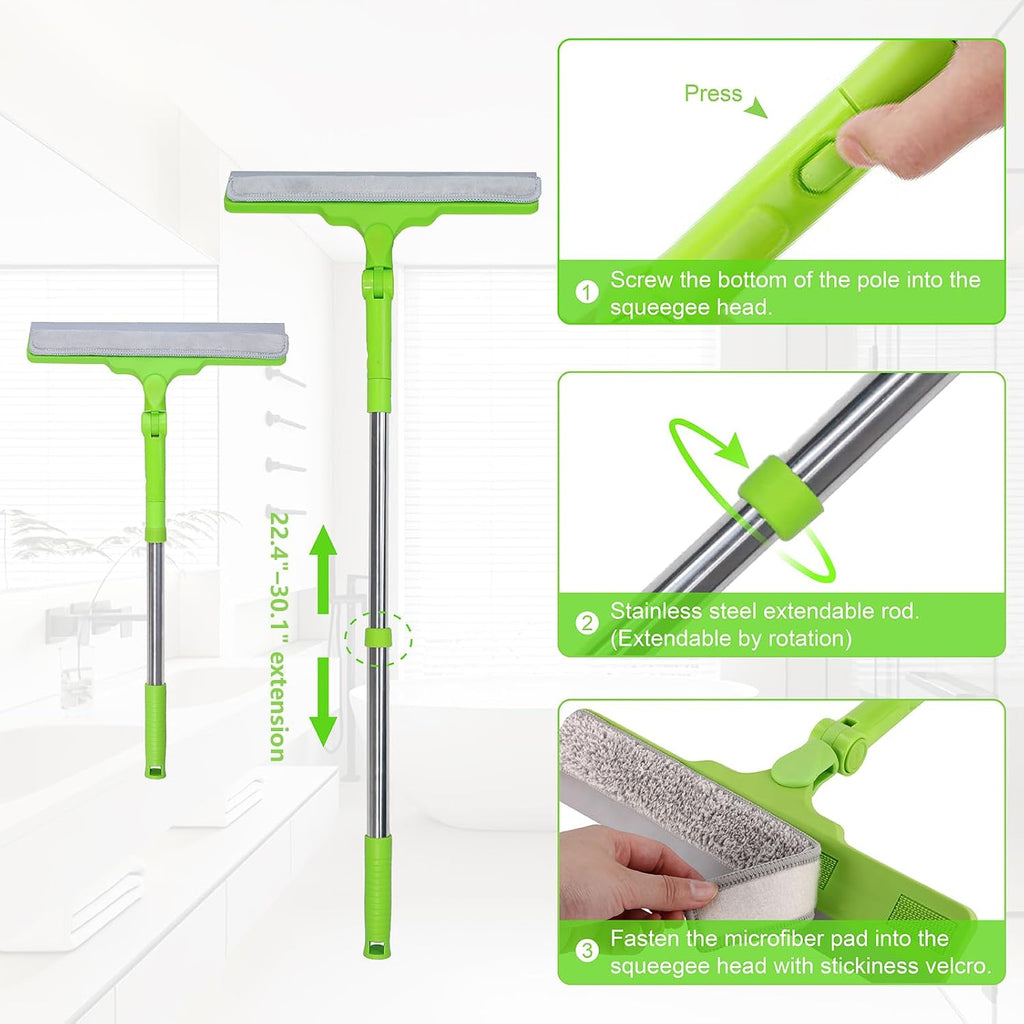 Shower Squeegee with 22.4"-30.1" Extendable Pole, 12" Wiper Blade for Glass, Tile, Car Windshield, Bathroom Mirror – Household Cleaning Tool (Green)