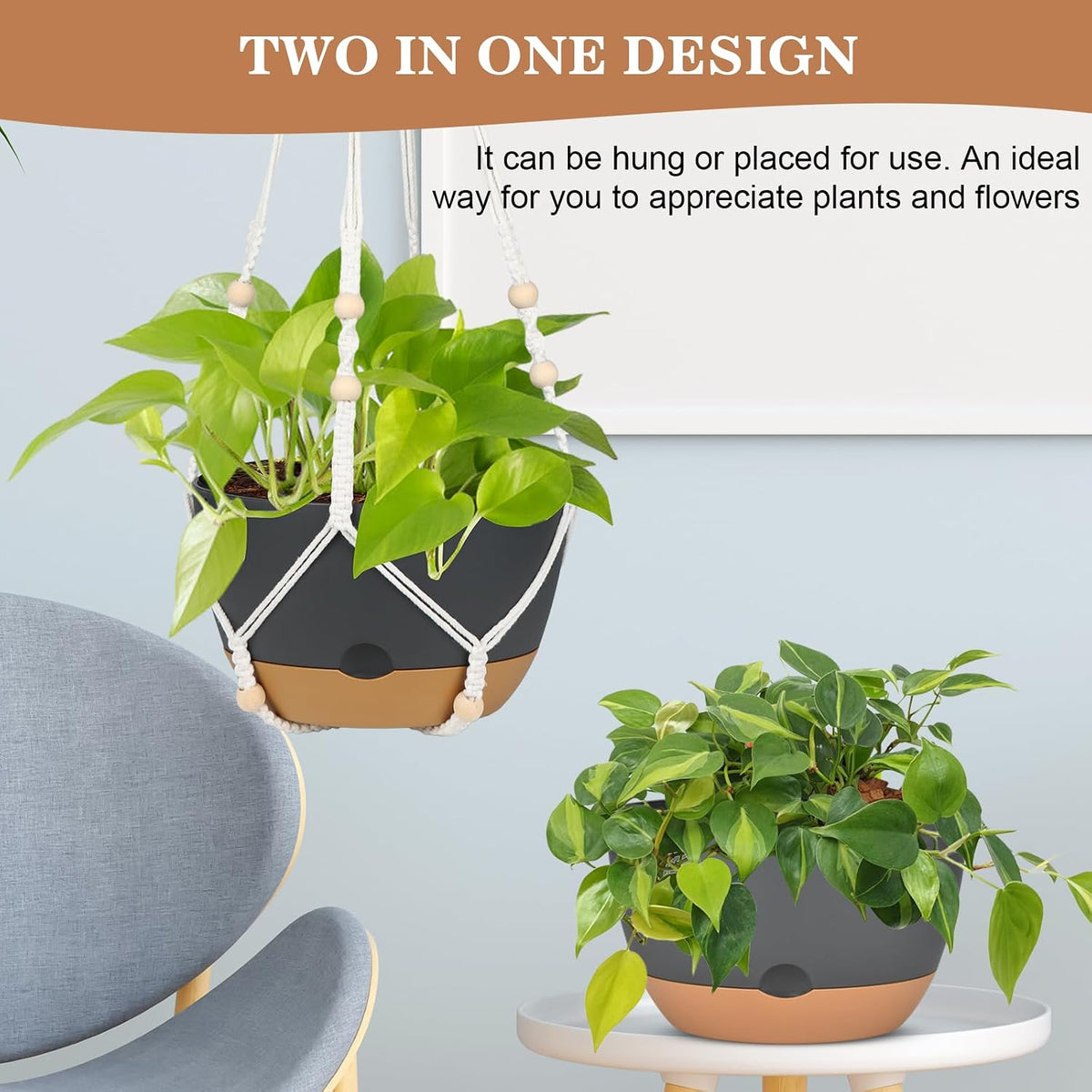 3 Pack Hanging Planters Set, 10inch Self-Watering Hanging Plant Pot, Macrame Plant Hanger with Pot, Chains, S & Ceiling Hooks, Removable Saucer and Drainage Holes for Indoor, Outdoor Plants - Black