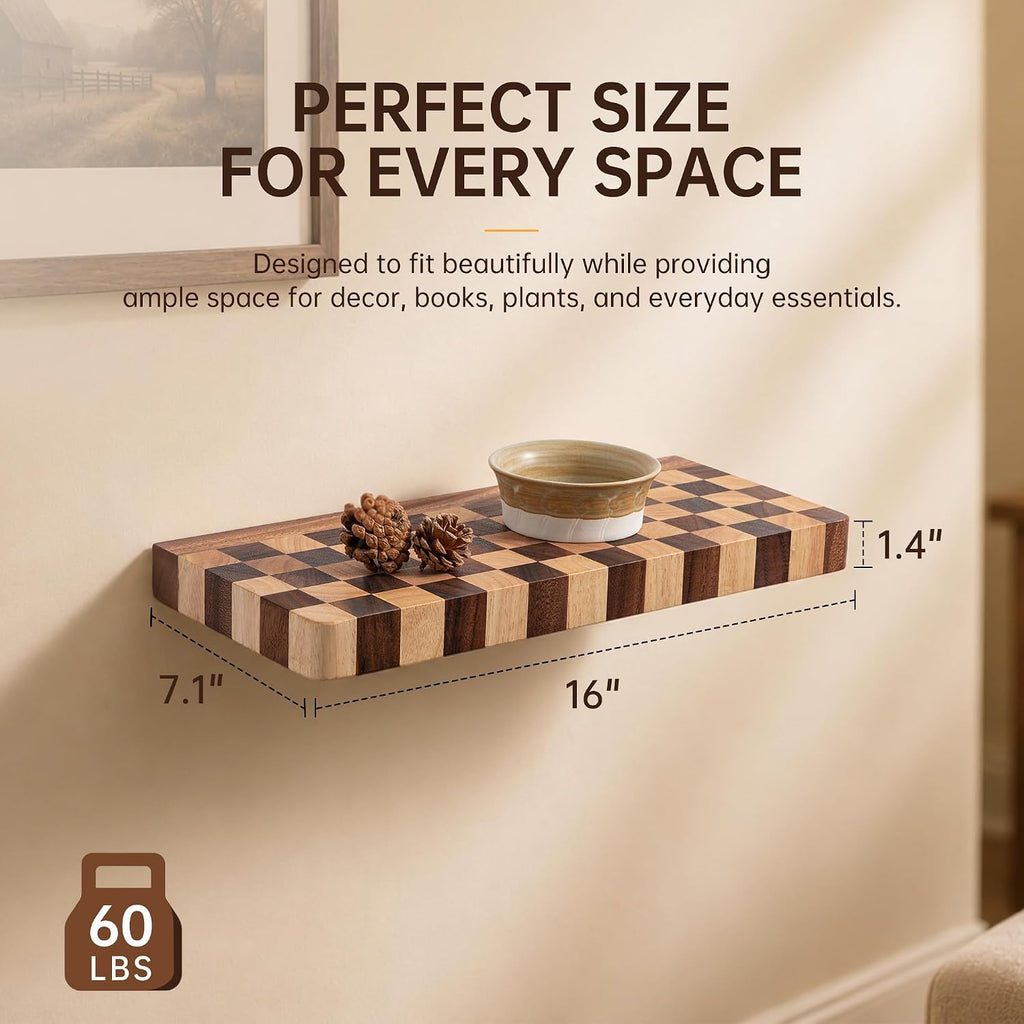 Floating Shelves for Wall, 16 Inch Solid Wood Checkered Wall Shelves