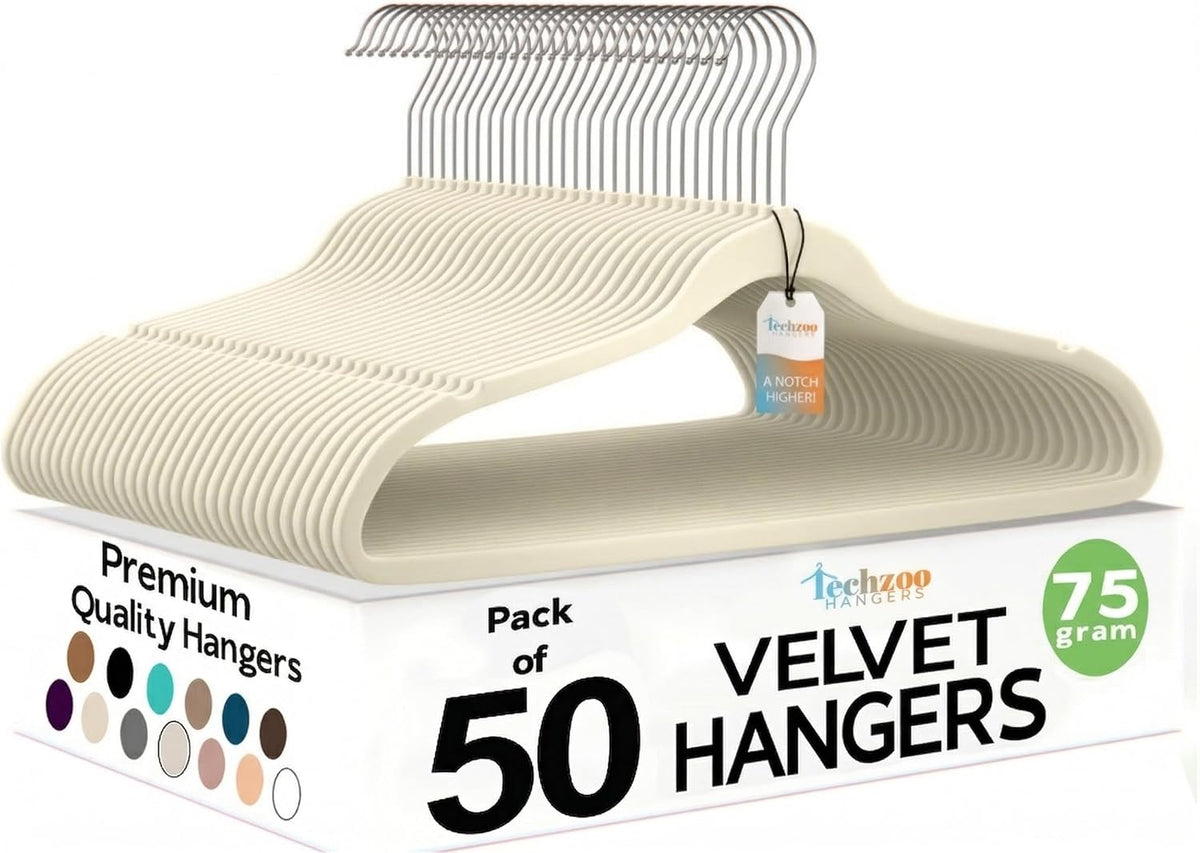 Techzoo 50 Pack New Premium Quality Velvet Hangers Ultra Thin Non Slip Adult Felt Space Saving Hangers for Closet Heavy Duty Coat Pants Jackets Dress Hangers 360° Swivel Hook Hold Upto 10 lbs Ivory