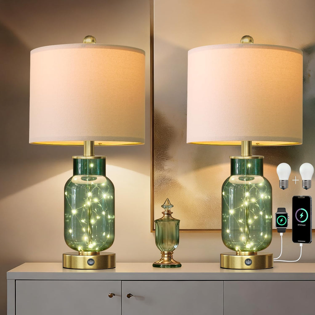 Oneach 22" Glass Table Lamps Set of 2 with Night Light for Bedroom, Green