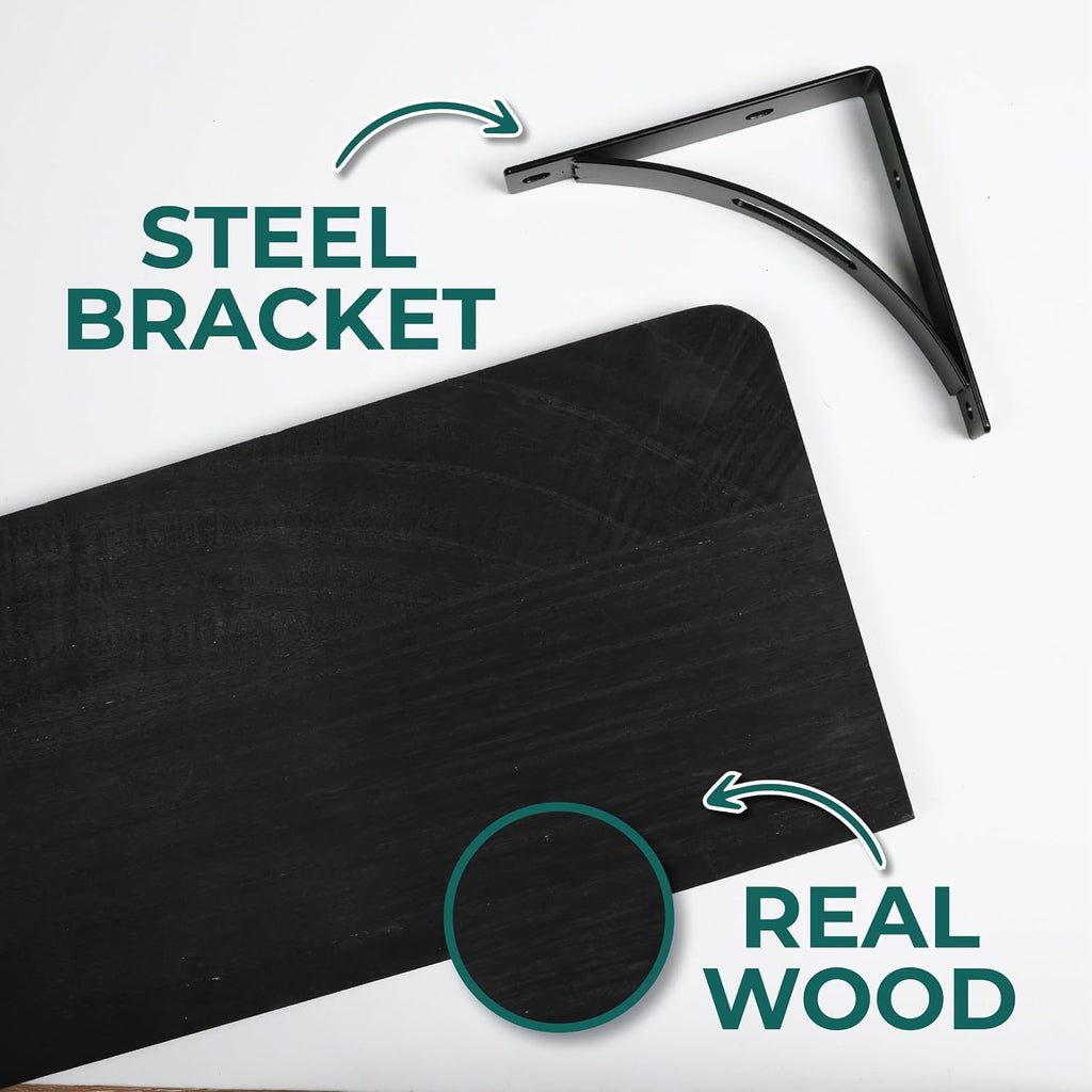 Willowy Reinforced Steel Bracket Black Wall Shelves for Bedroom - Easy to Install, Template and Video Included - Long Black Wall Shelf, Hanging Shelf, Wall Shelf, Wall Bookshelf