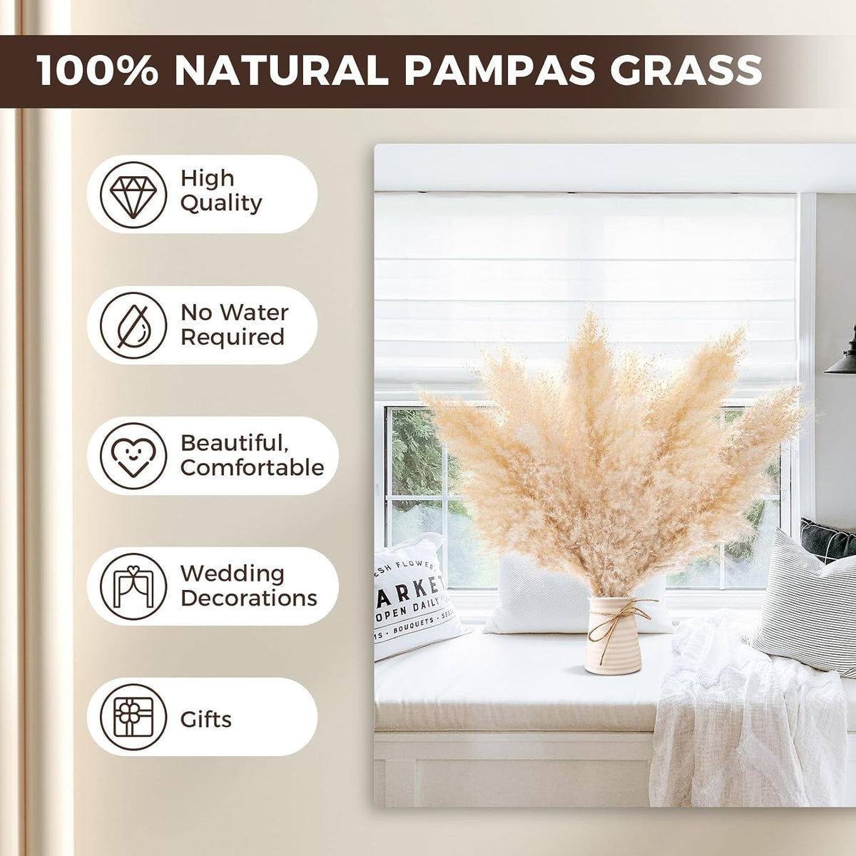 Pasuvsigt 12Pcs 17 Inch Dried Pampas Grass Fluffy Stem Home Wedding Decor