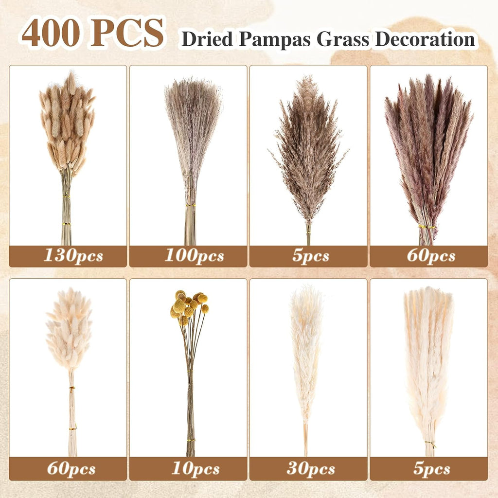 400 PCS Dried Pampas Grass Decor – Natural Bunny Tails, Fluffy Pampas Grass, Reed, Billy Balls – Boho Wedding Decor, Fall Floral Arrangement for Home Decor, Farmhouse Centerpieces, Vases, Living Room