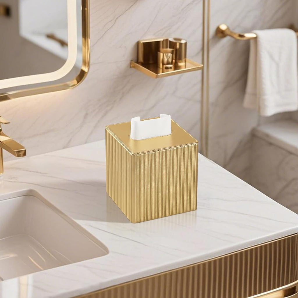 PU Leather Tissue Box Cover Square, Tissue Box Holder Gold