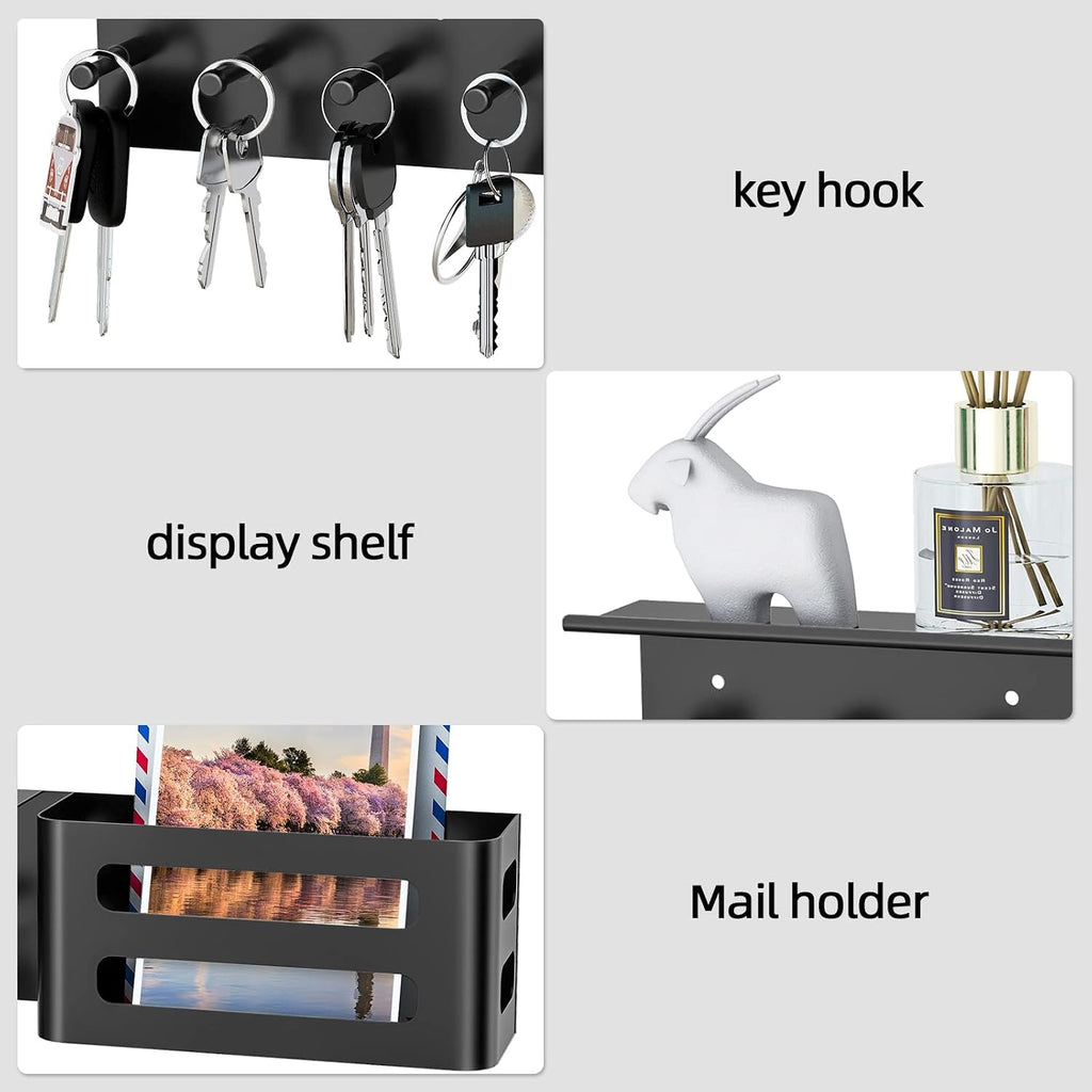 MKO Key Holder Wall Mount, Adhesive Key Hanger with 4 Hooks for Wall, Black