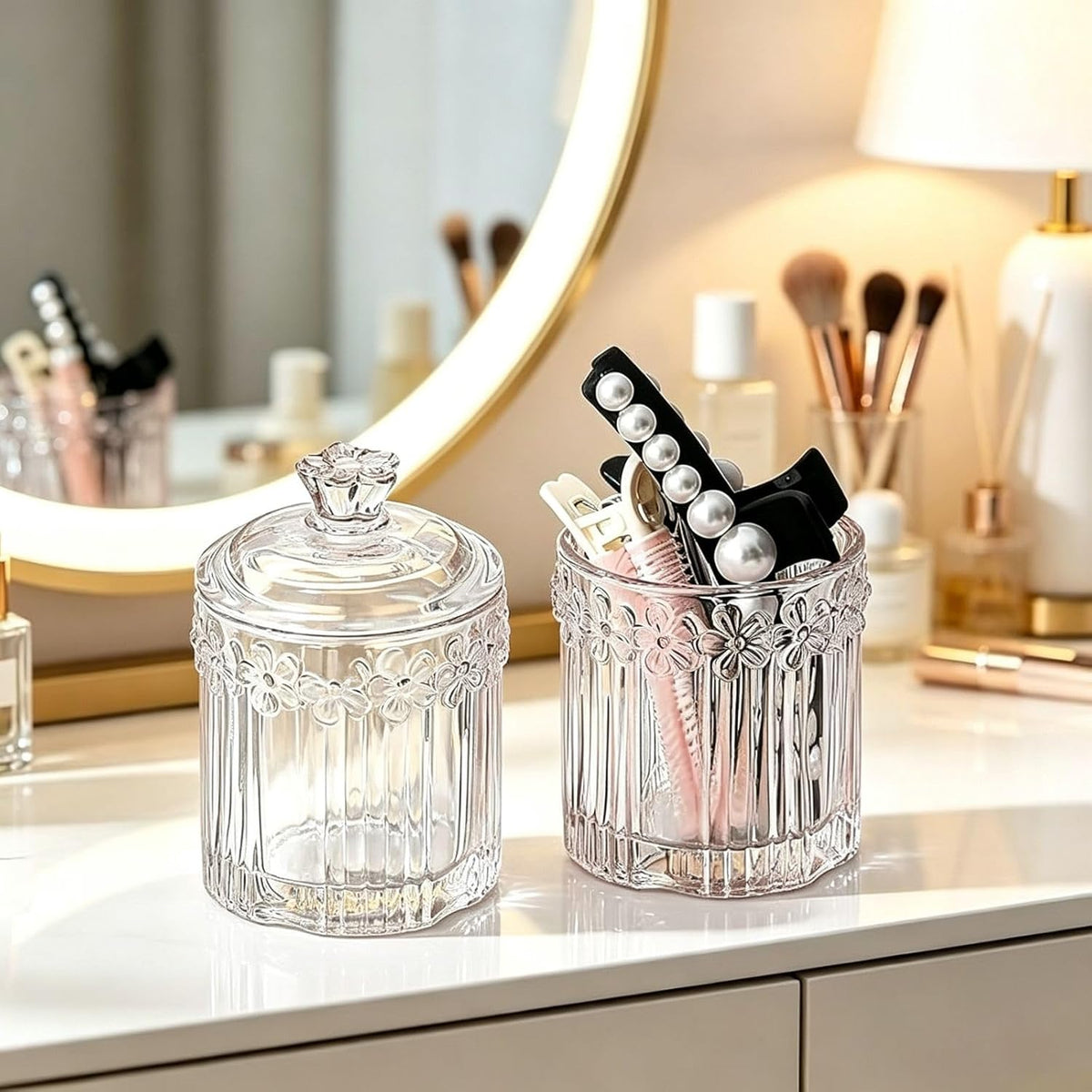 2 Pack Qtip Holder Thick Glass Apothecary Jars with Lid for Bathroom, Cotton Swab and Round Organizer, Vanity Storage Canisters for Makeup Pads, Floss (Transparent)