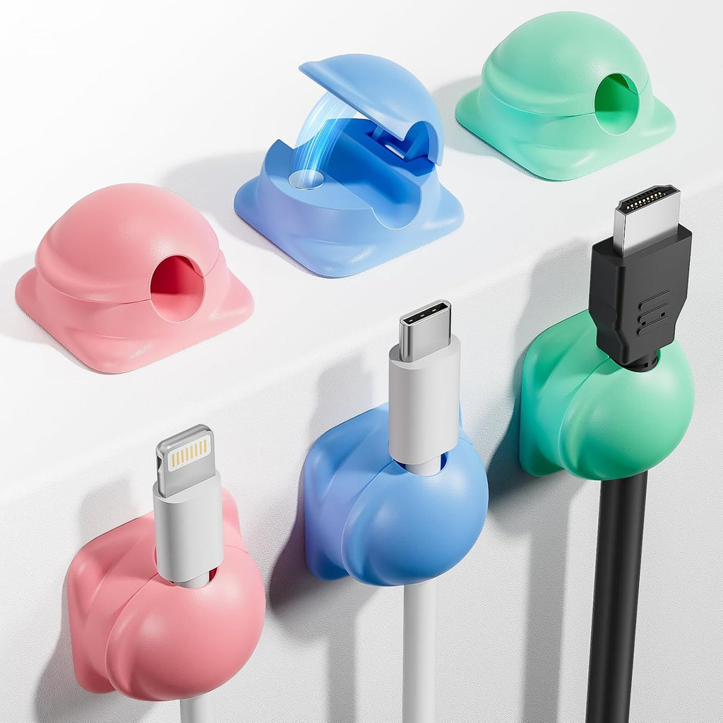 6 Pack Cord Holder Organizer, [1-Handed-Operation] Magnetic Cable Clips, Phone Cord Clips Holder with 2 Extra Reusable Strong Adhesive for Nightstand Desk Car Workspace Office Accessories, Colored