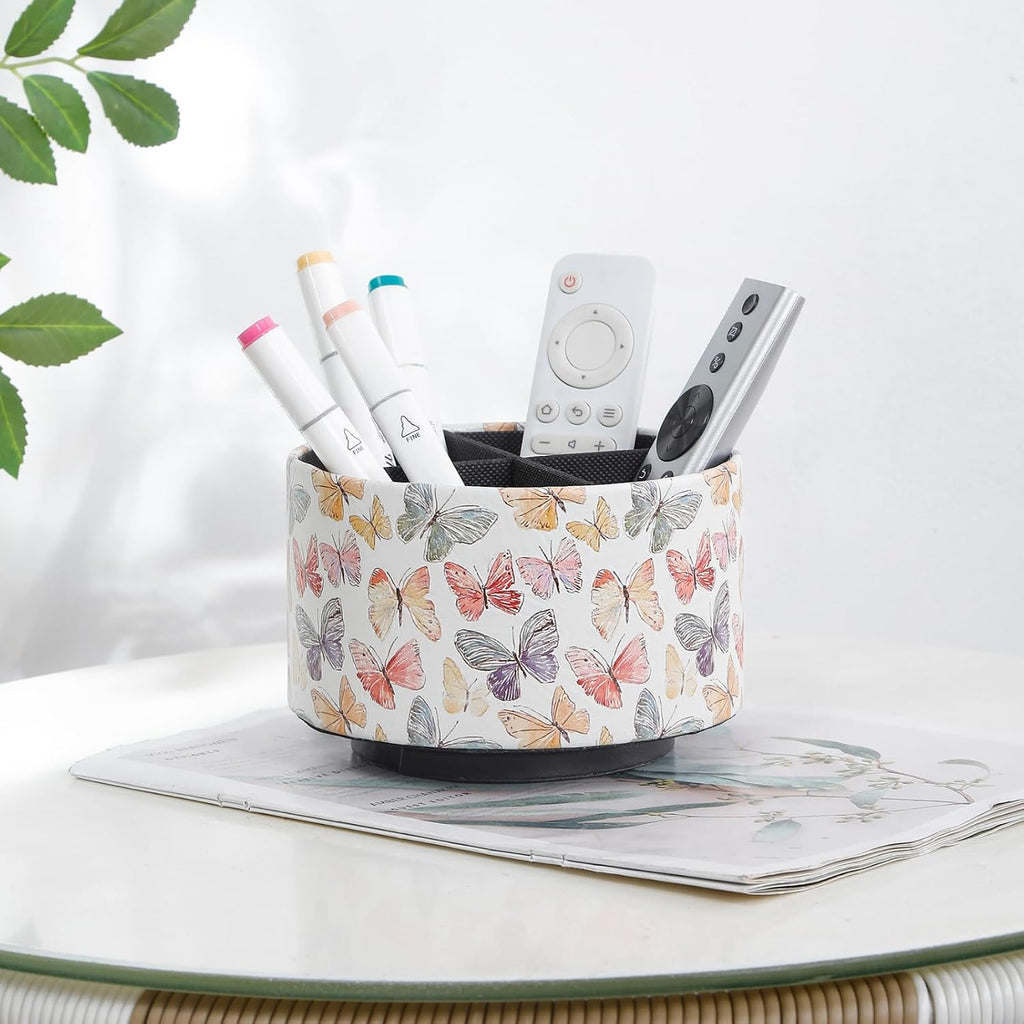 360 Degree Rotating Remote Control Holder for Table, PU Leather Spinning End Table Organizer Caddy, Cute Remote Control Caddy for Office Supplies, Makeup Brushes, Butterfly PH130