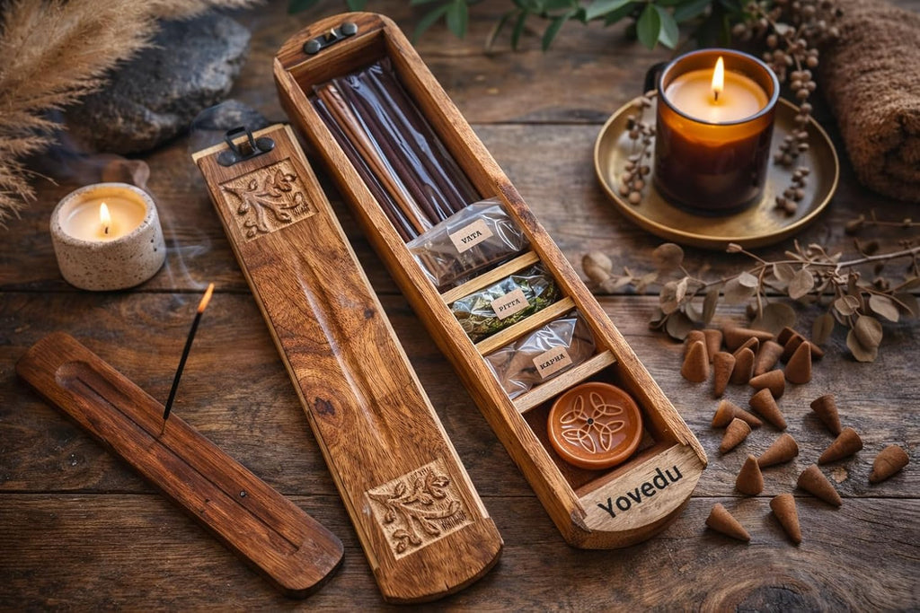 Handmade Wooden Incense Burner & Storage Box Set with 45 Incense Sticks & 21 Cones – Ayurveda Vata Pitta Kapha Aromatherapy Holder with Ceramic & Wooden Stand, Meditation Gift Set