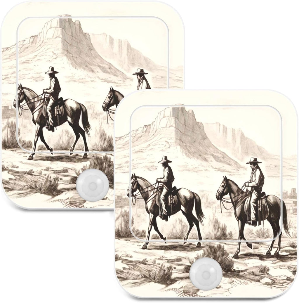 American Wild West Desert with Cowboys Night Light Plug into Wall 2 Pack Plug-in LED Nightlights with Dusk to Dawn Sensor White Light Perfect for Bathroom Kitchen Hallway and Stairs