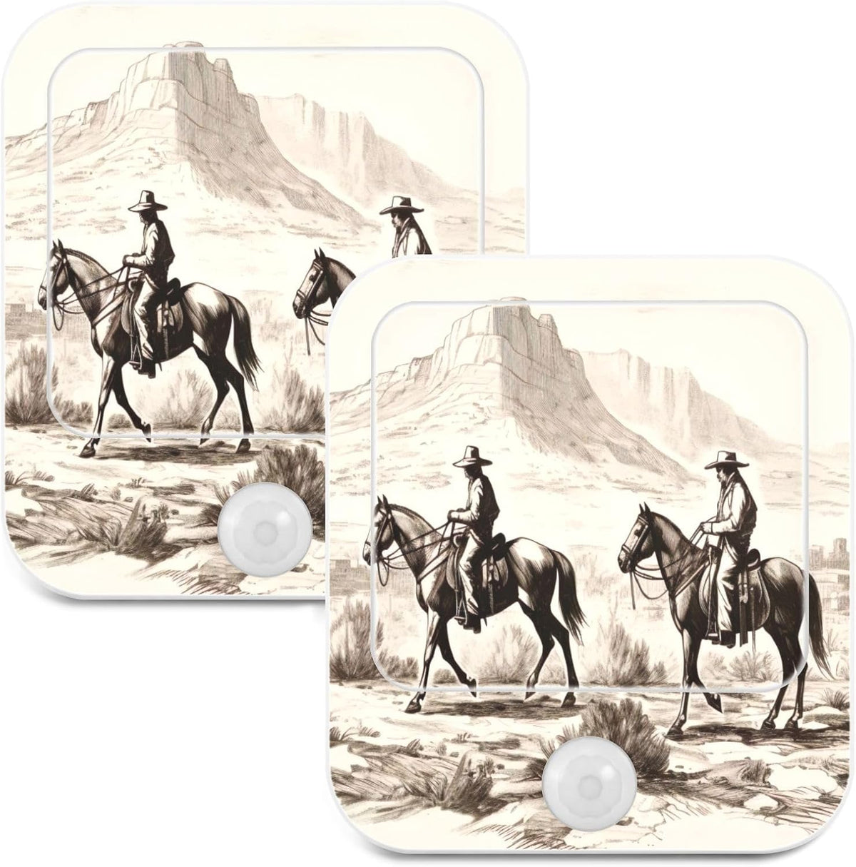 American Wild West Desert with Cowboys Night Light Plug into Wall 2 Pack Plug-in LED Nightlights with Dusk to Dawn Sensor White Light Perfect for Bathroom Kitchen Hallway and Stairs