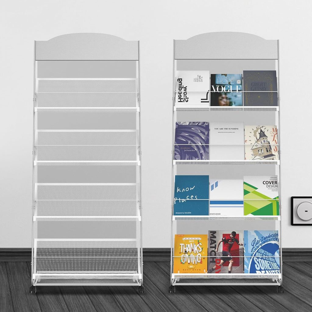 Floor-Standing Magazine Rack 4-Layer with Wheels, Semi-arched top Brochure Display Stand, High-hardness metal for Exhibitions, Office, and Any Organization Requiring Information Display (Arc-Sliver)