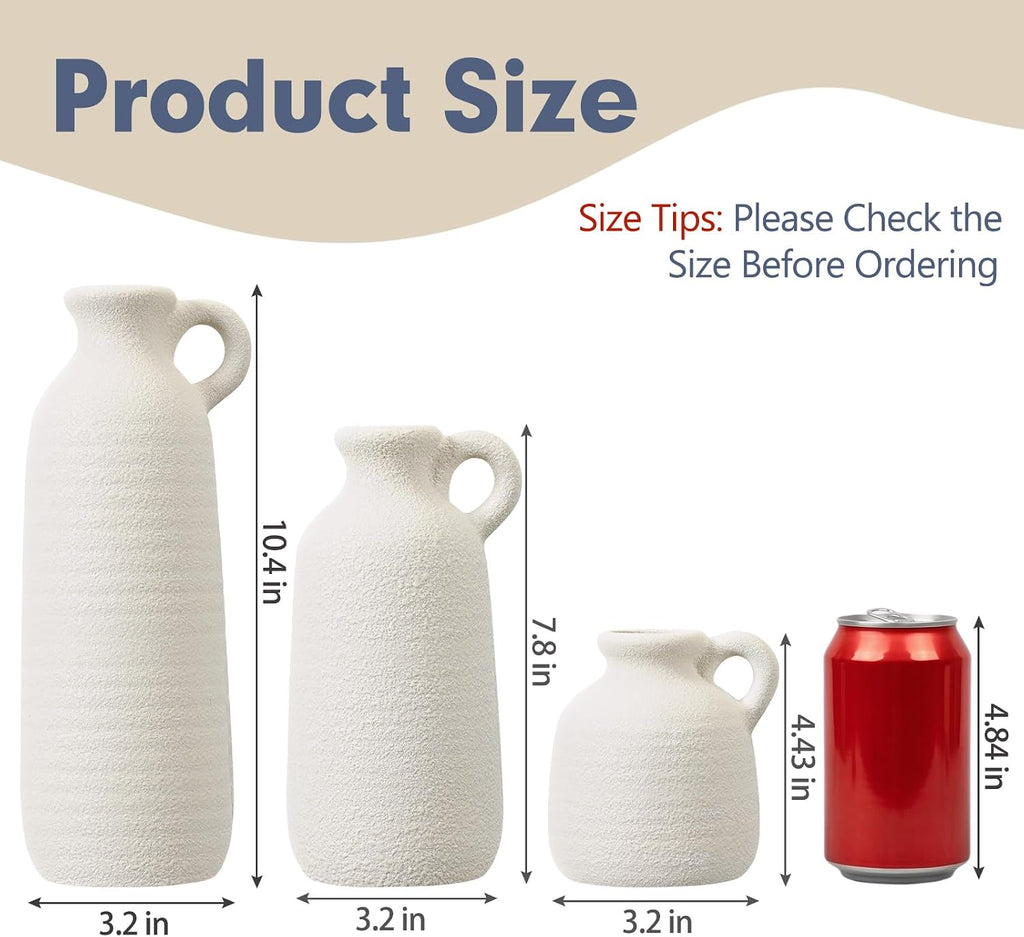 White Ceramic Vase Set of 3 with Handle, Waterproof Vases for Pampas Grass