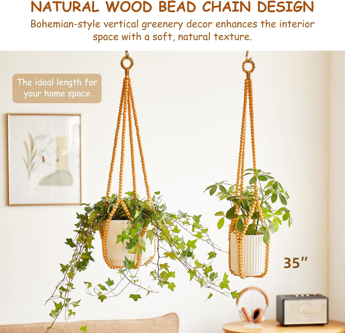 Boho Wood Bead Macrame Plant Hangers, 2Pack Handmade Beaded Hanging Planter Holders for Indoor with 4 Hooks, Fits 4–8 Inch Pots, Hanging Basket for Living Room Bedroom Window Patio Balcony Home Decor