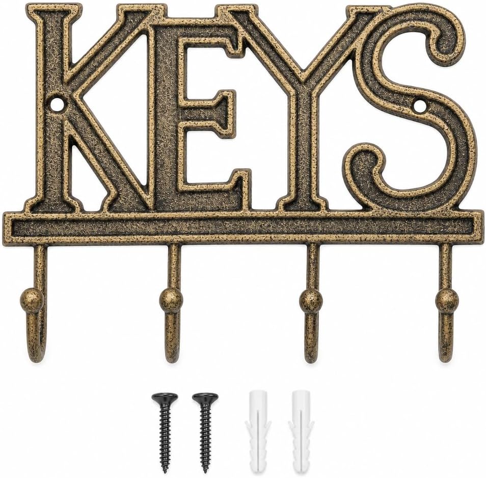 Comfify Gold-Black Cast Iron Key Holder for Wall – Keys Sign with 4 Hooks