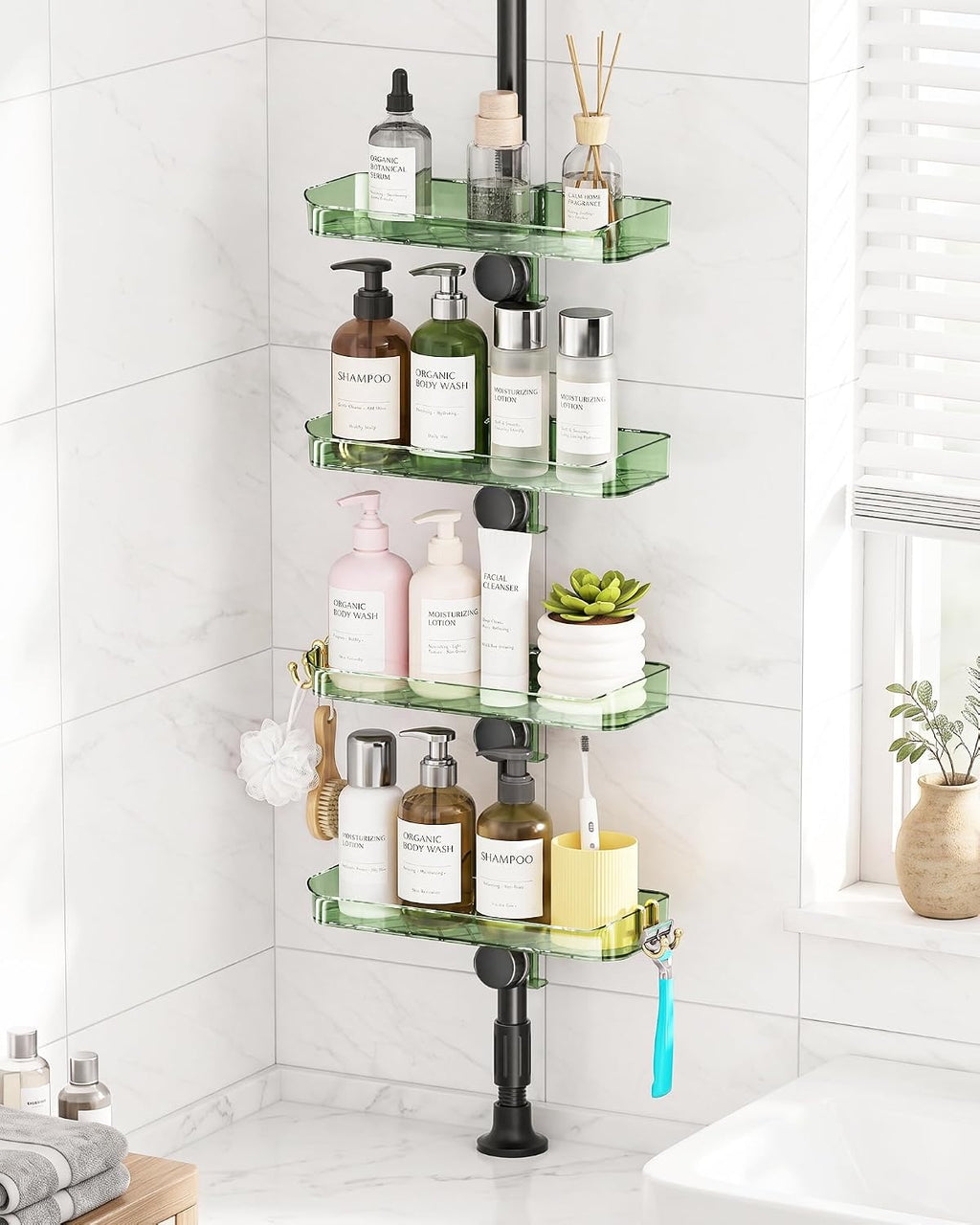 Shower Caddy Tension Pole, Bathroom Organizer Shelves, Green