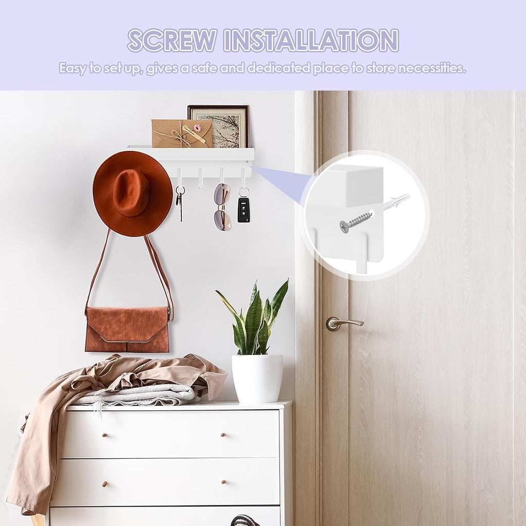 VIS'V Key Holder Wall Mount, Adhesive Key Rack with Tray, 6 Hooks, White