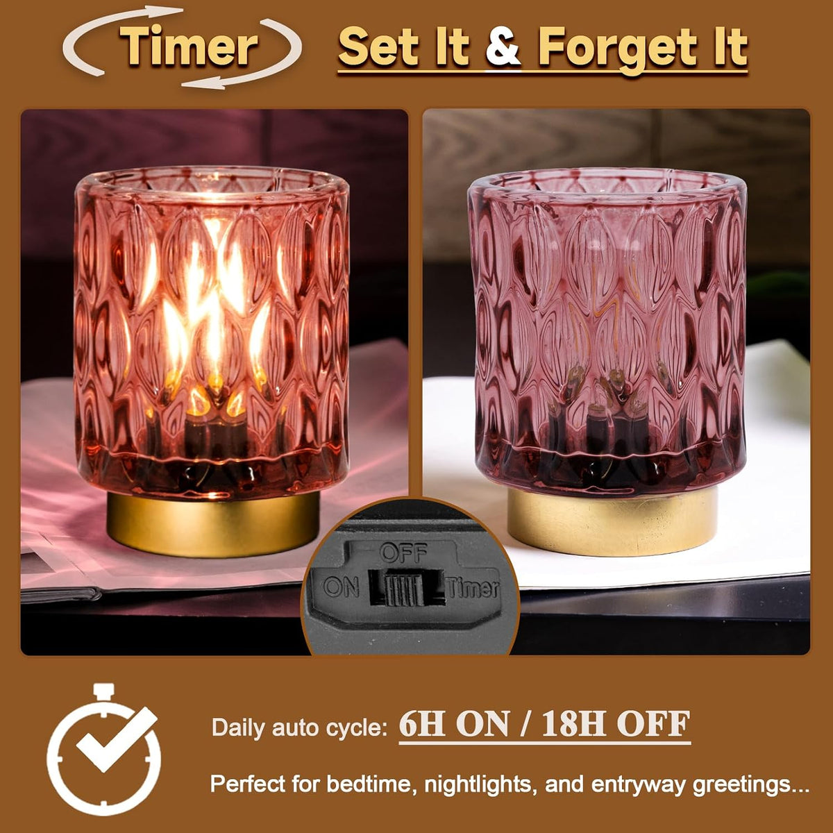 Battery Operated Table Lamp Timer, Small Cordless Lamps Decorative, 2 Pink