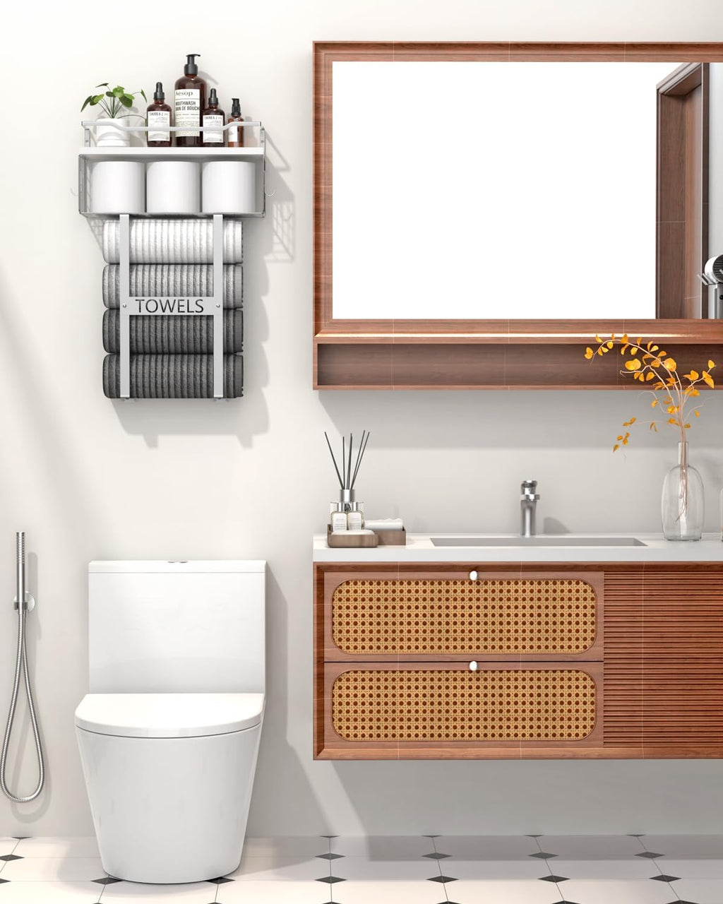 Towel Racks for Bathroom Wall Mounted - Bath Wall Towel Holder Set Above Toilet Storage, Rolled Towel Shelf Organizer for Small Bathroom, Wood Vertical Towel Rack for Bathroom Wall Decor Silver
